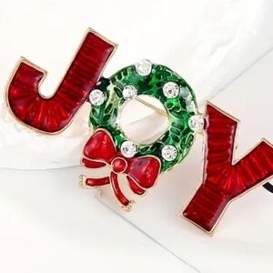 JOY Christmas Theme Word JOY With Bow Decorated Enamel Brooch Christmas